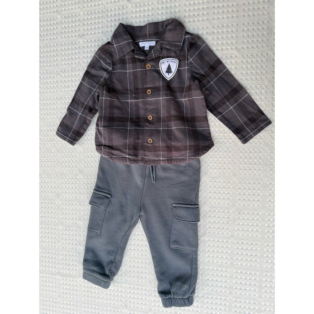 Grayson Mini Baby Boy Set 12 Months - Plaid Flannel Shirt & Cargo Gray Joggers